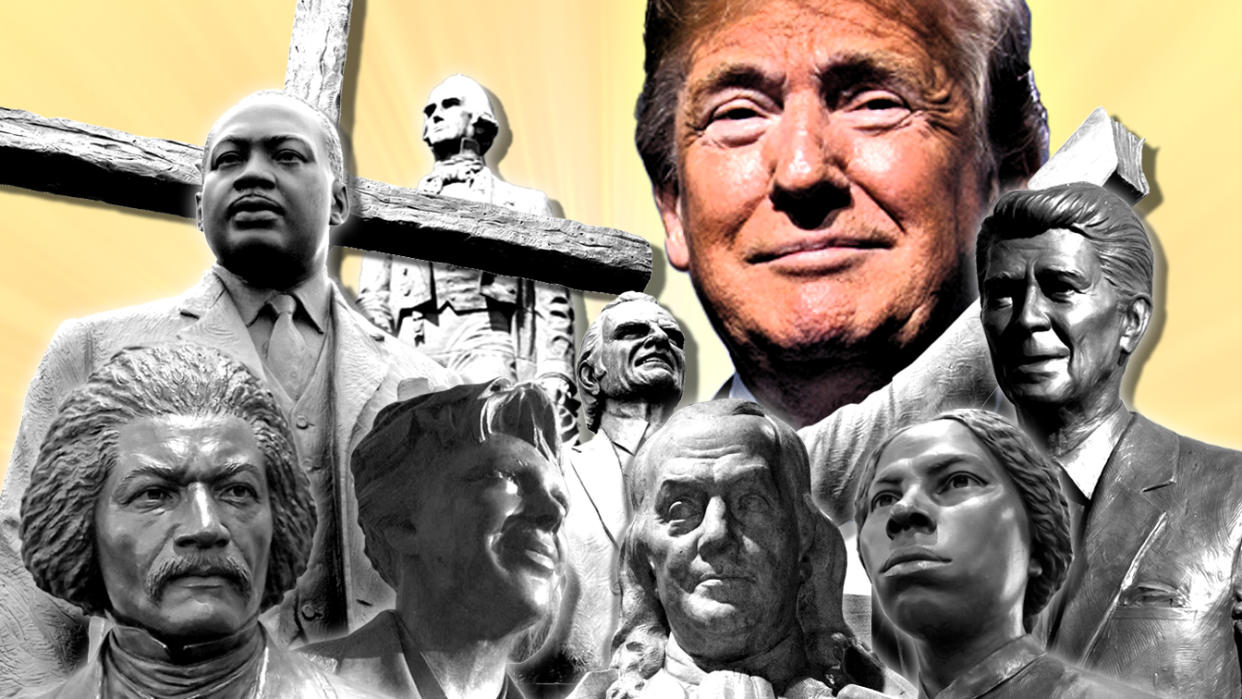 Statues of Frederick Douglass, Martin Luther King, Jr., Henry Clay, Amelia Earhart, Billy Graham, Benjamin Franklin, Harriet Tubman and Ronald Reagan with Donal Trump above. (Photo illustration: Yahoo News; photos: AP, Getty Images (2), AP, Reuters, Getty Images, AP, Getty Images, AP, Getty Images)