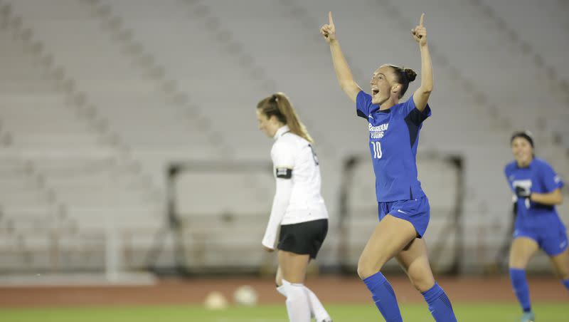 BYU’s Olivia Wade-Katoa celebrates after scoring a goal as BYU plays UCF in the Big 12 women’s soccer tournament semifinals in Austin, Texas on Wednesday, Nov. 1, 2023.