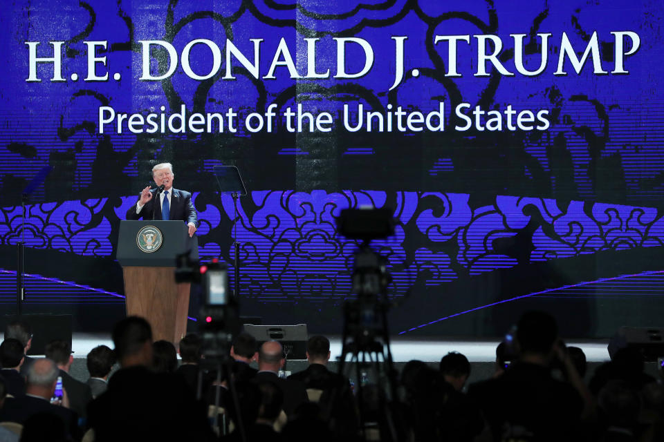 U.S. President Donald Trump speaks during the Asia-Pacific Economic Cooperation (APEC) CEO Summit in Da Nang, Vietnam (SeongJoon Cho/Bloomberg)