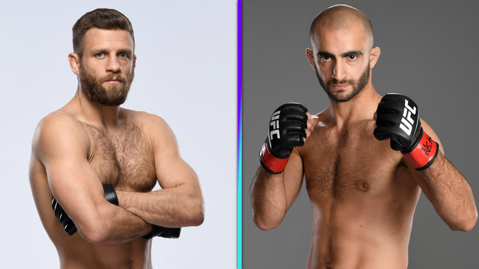 No. 5-ranked featherweight Calvin Kattar (22-5) faces No. 8 Giga Chikadze (14-2) in the main event of UFC Vegas 46 on Saturday. (Photos via Getty Images)