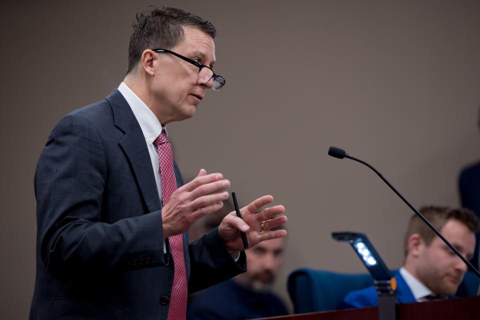 Jerome Wesevich, a lawyer with Texas RioGrande Legal Aid representing Annunciation House, speaks during a motion hearing with Judge Francisco Dominguez in the 205th District Courtroom in El Paso, TX on Thursday, March 7, 2024.