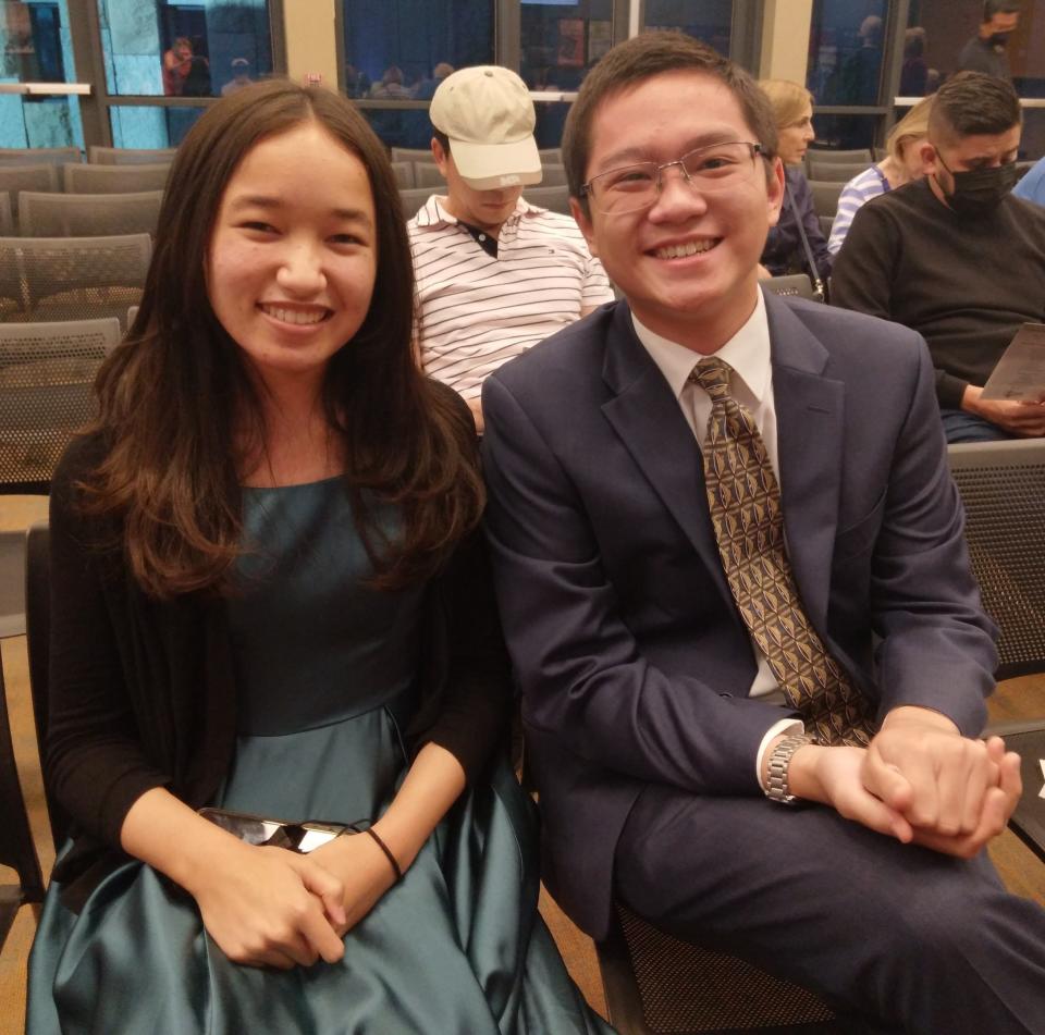Amanda Liu and Brian Huynh await their performances at the Steinway Society of Riverside County's 2022 Festival Winners Concert on May 13, 2022.