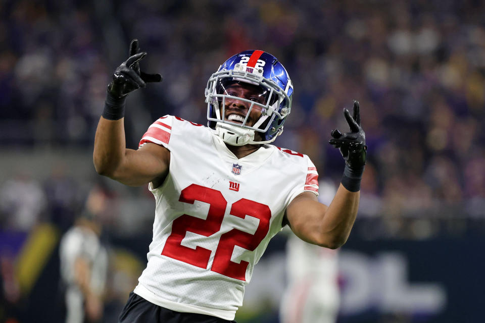 Jan 15, 2023; Minneapolis, Minnesota, USA; New York Giants cornerback Adoree’ Jackson (22) reacts after a play against the <a class="link " href="https://sports.yahoo.com/nfl/teams/minnesota/" data-i13n="sec:content-canvas;subsec:anchor_text;elm:context_link" data-ylk="slk:Minnesota Vikings;sec:content-canvas;subsec:anchor_text;elm:context_link;itc:0">Minnesota Vikings</a> during the fourth quarter during a wild card game at U.S. Bank Stadium. Mandatory Credit: Matt Krohn-USA TODAY Sports