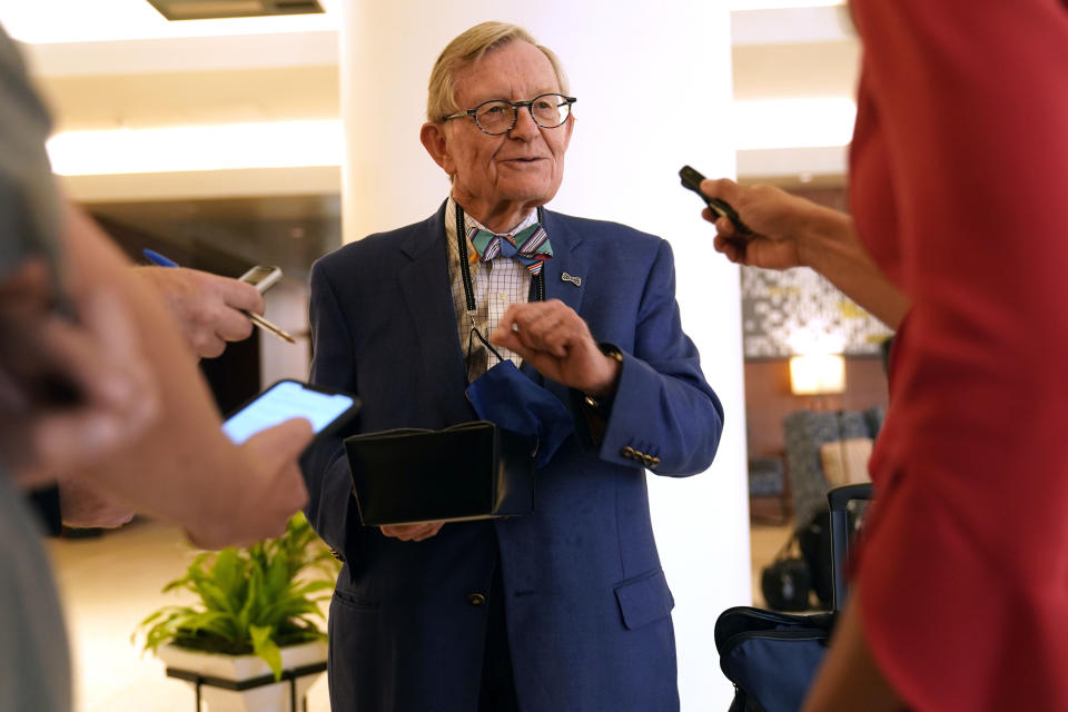 University of West Virginia President Gordon Gee speaks to reporters after the College Football Playoff presidents group meeting Tuesday, June 22, 2021, in Grapevine, Texas. The CFP presidents group met to discuss a proposed plan to expand the postseason format from four to 12 teams. (AP Photo/LM Otero)