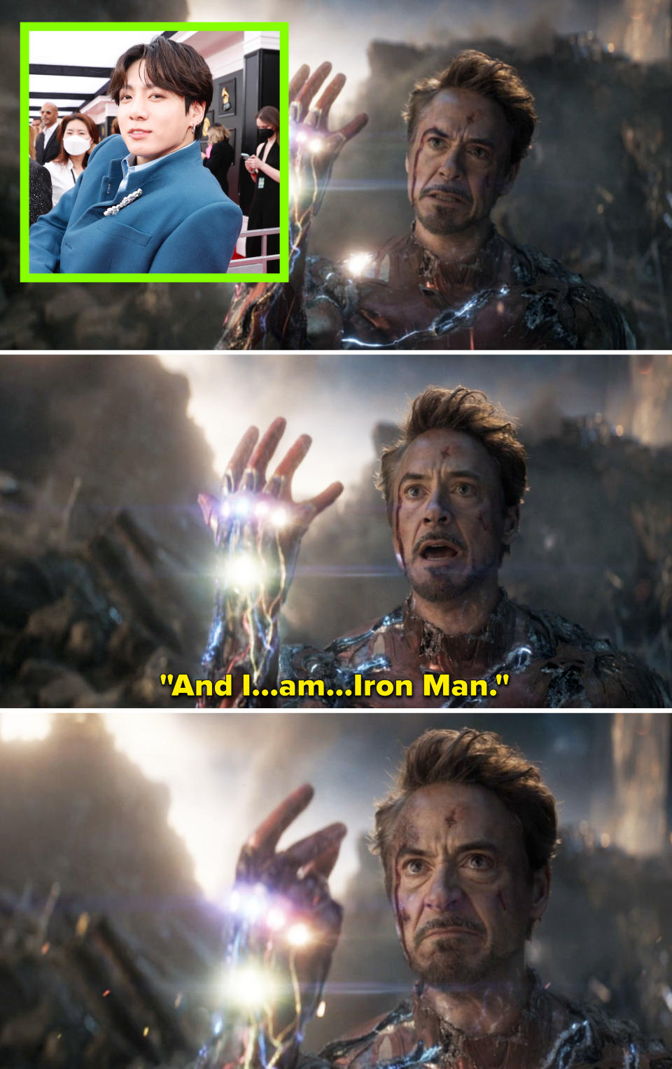 Robert Downey Jr saying "I am Iron Man"