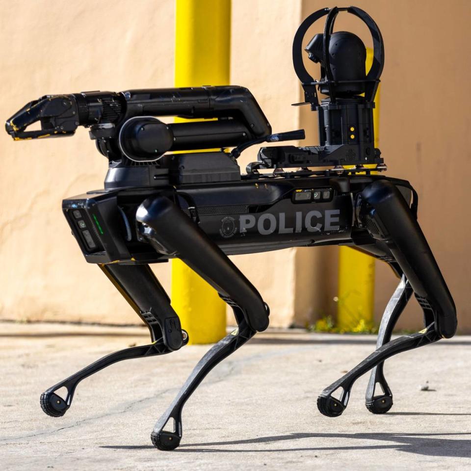 “Spot,” a robotic dog owned by Miami-Dade Police’s Special Response Team Department as seen during a South Florida Public Safety Regional Assets in Action Demonstration showcasing an active threat response incident in Biscayne Bay as part of the annual 2024 National Homeland Security Conference at PortMiami, Terminal J on Wednesday, July 24, 2024, in Miami, Fla.