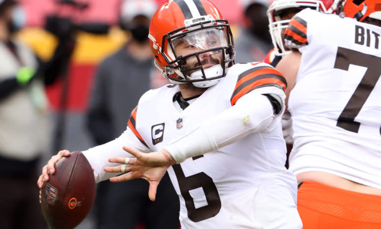 Quarterback Baker Mayfield #6 of the Cleveland Browns throws pass