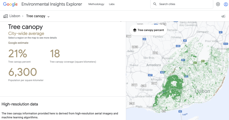 a screenshot of Google EIE showing the city-wide tree canopy coverage in Lisbon Spain.