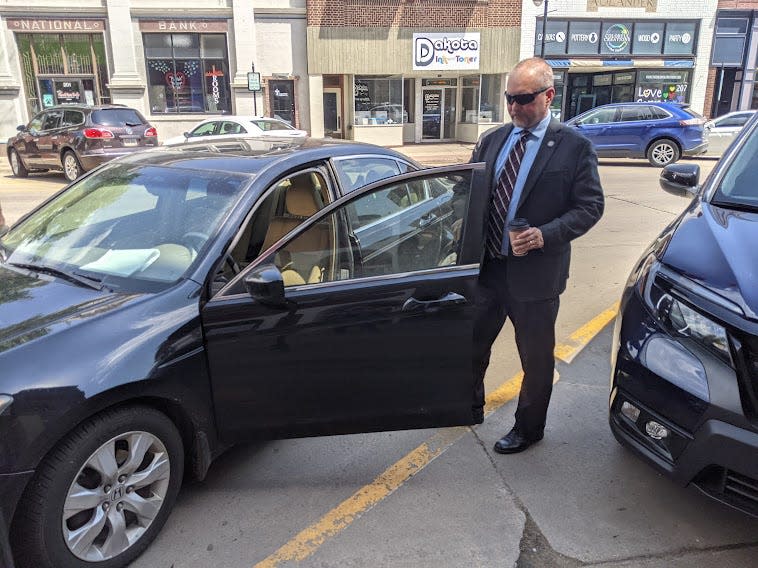 David Natvig, a Republican seeking the the party's attorney general nomination, prepares to leave Aberdeen on June 14 after meeting with local delegates to the GOP state primary.