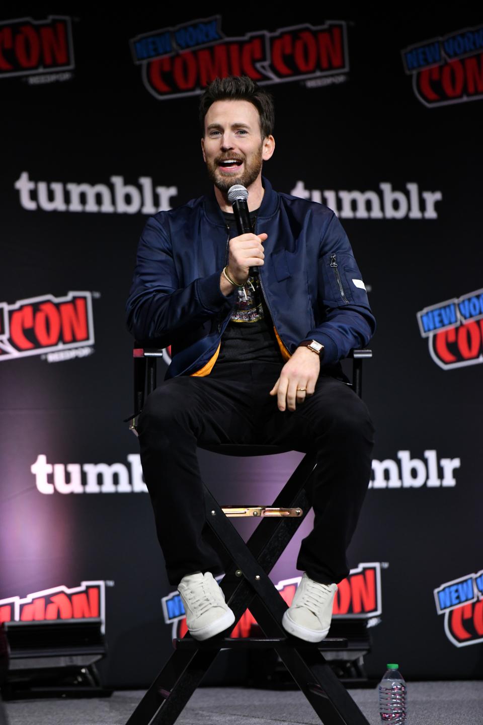 Chris Evans speaks at a Spotlight panel during New York Comic Con 2023 on October 14, 2023.