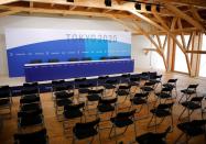 A news conference room is pictured at the village plaza of the Tokyo 2020 Olympic and Paralympic Village in Tokyo