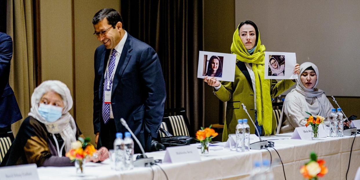 Afghan Women's Network Representative Mahbouba Seraj, Chief Executive Officer of Ghazanfar Goup Ismail Ghazanfar and Afghanistan Civil Society Representative Hoda Khamosh attend a meeting at the Soria Moria hotel in Oslo, Norway January 24, 2022.