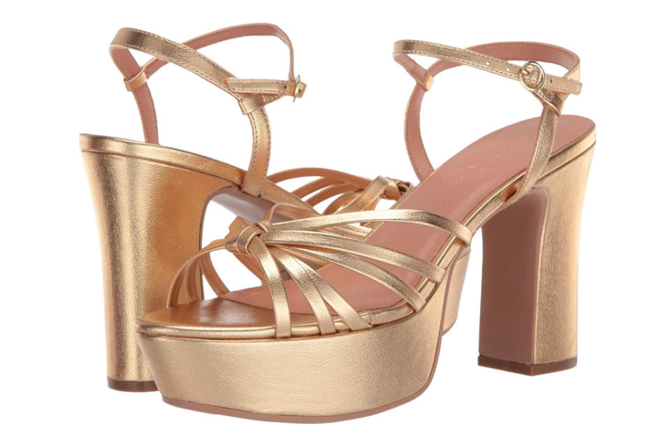 gold sandals, platforms, chinese laundry