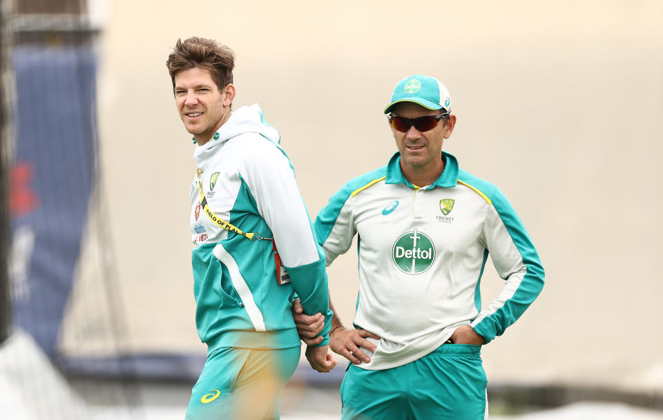 Seen here, Australia coach Justin Langer (right) and Test captain Tim Paine during a nets session in 2021.