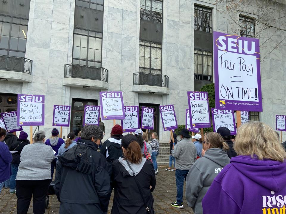 Members of SEIU 503 picket on April 4 in protest of ongoing issues with the state's new payroll system that rolled out 15 months ago.