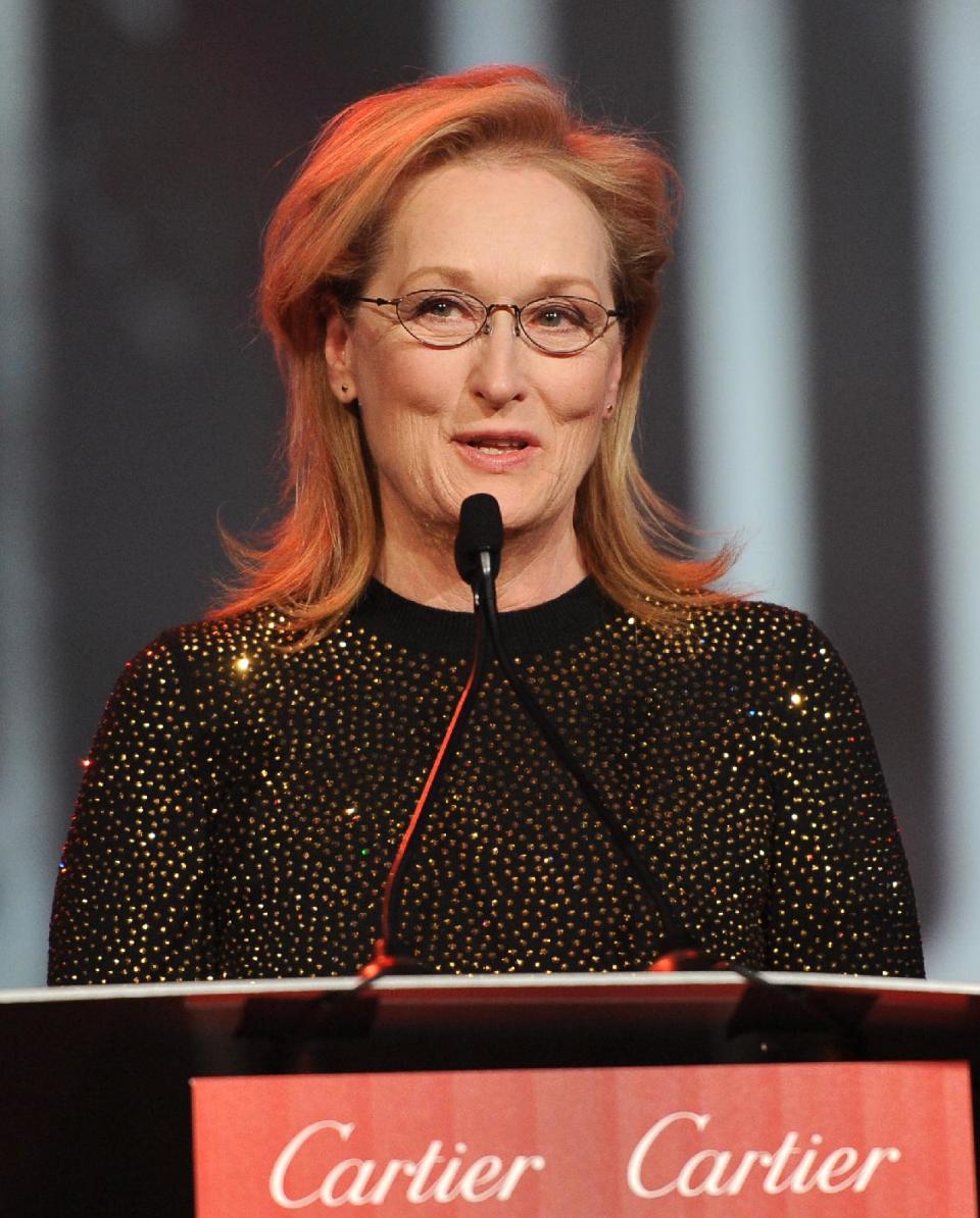 Meryl Streep accepts the Icon award for "August: Osage County" at the Palm Springs International Film Festival Awards Gala at the Palm Springs Convention Center on Saturday, Jan. 4, 2014, in Palm Springs, Calif. (Photo by Frank Micelotta/Invision/AP)