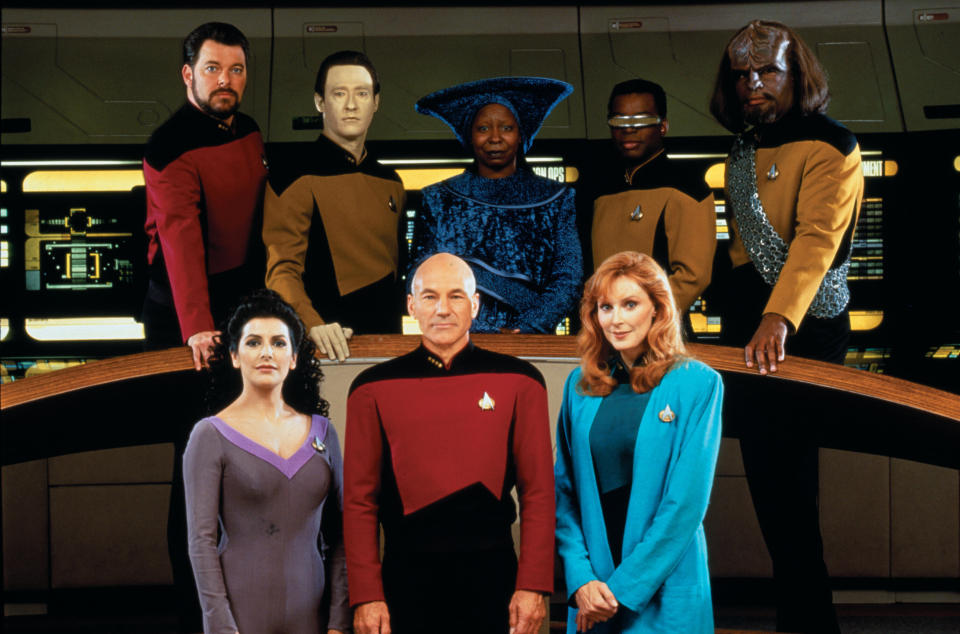 Portrait of the cast of "Star Trek: The Next Generation," in 1987. Pictured are (front) Marina Sirtis, Patrick Stewart, Gates McFadden, (back) Jonathan Frakes, Brent Spiner, Whoopi Goldberg, LeVar Burton and Michael Dorn. (Photo: CBS Photo Archive via Getty Images)