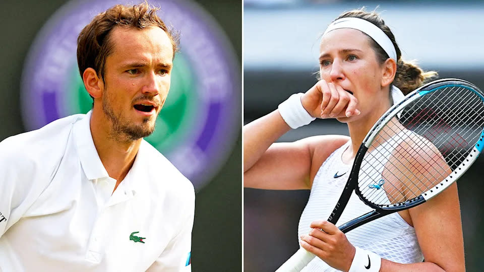 Russian and Belarusian players such as Daniil Medvedev and Victoria Azarenka (pictured) are banned from playing in the 2022 Wimbledon grand slam tournament. Pic: Getty
