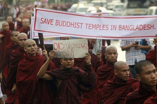 Myanmar Buddhist monks stage a demonstration near the Bangladesh embassy, in Yangon. Hundreds of Myanmar monks took to the streets again Tuesday to protest against local Muslims and against violence targeting Buddhists in neighbouring Bangladesh