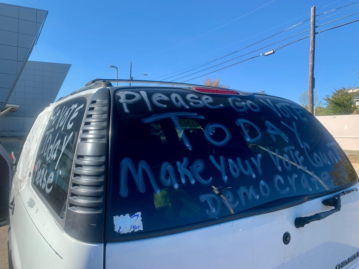 Rosie Catchings, who uses her car to advertise the election, said she wants younger voters to hit the polls. The car reads, “Please go vote today. Make your vote count.”