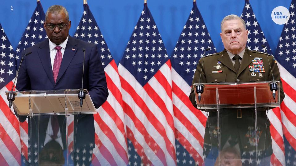 Joints Chiefs Chairman Gen. Mark Milley, right, with Defense Secretary Lloyd Austin at NATO headquarters in Brussels in June, testified that senior military leaders were warned of a possible attack on the Capitol ahead of Jan. 6.