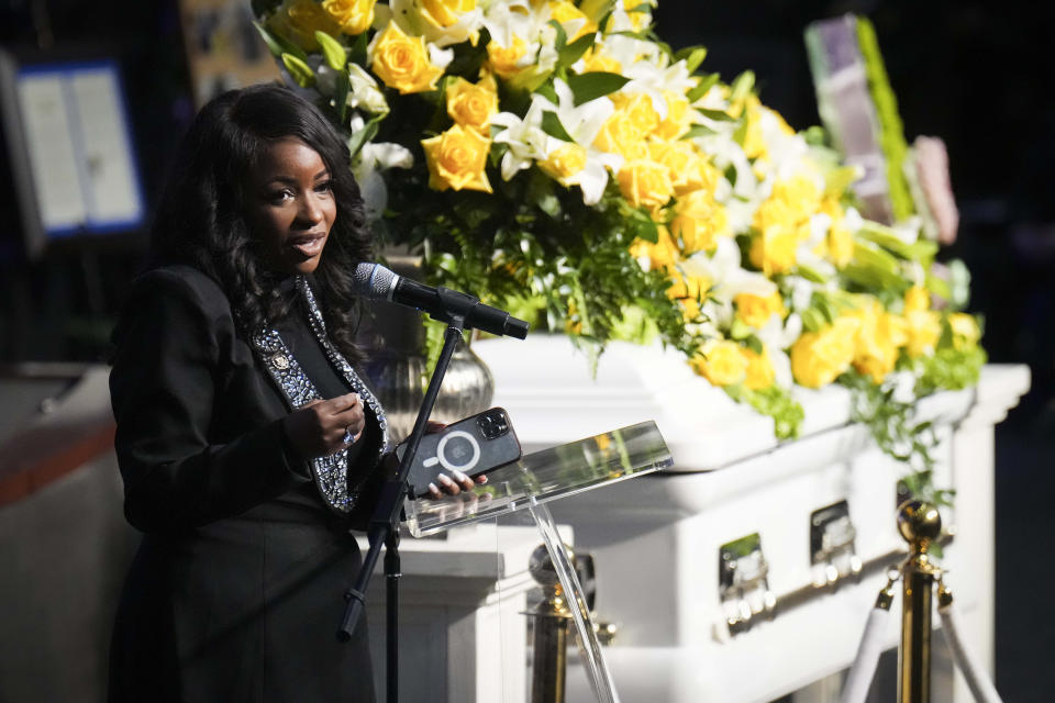 Rep. Jasmine Crockett speaks during a prayer service for former U.S. Rep. Eddie Bernice Johnson at Concord Church on Monday, Jan. 8, 2024, in Dallas. Johnson, a trailblazing North Texas Democrat who served 15 terms in Congress, died on Dec. 31. (Smiley Pool/The Dallas Morning News via AP, Pool)