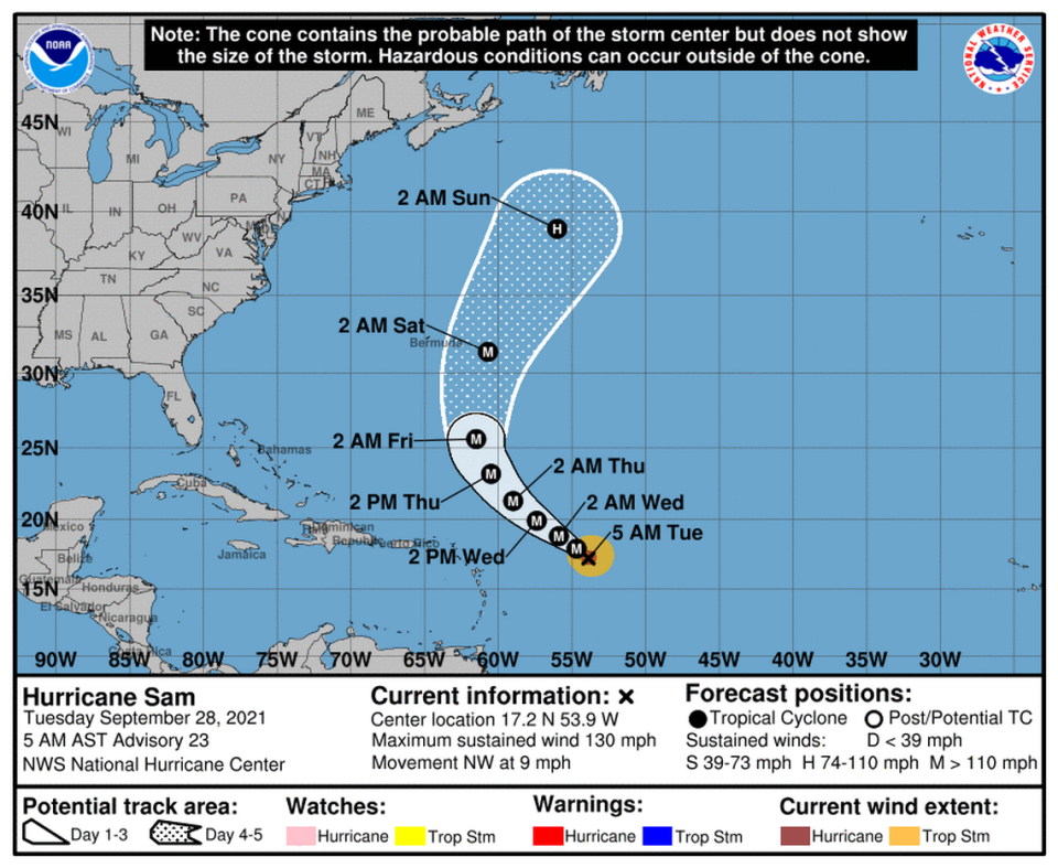 Hurricane Sam, still a category 4 storm, is powering through the Atlantic but expected to turn to the north before to reaches the Antilles.