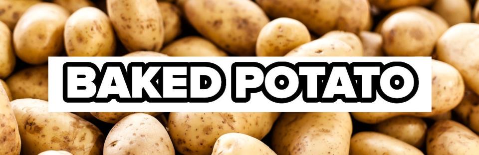 Text "BAKED POTATO" over a background of potatoes