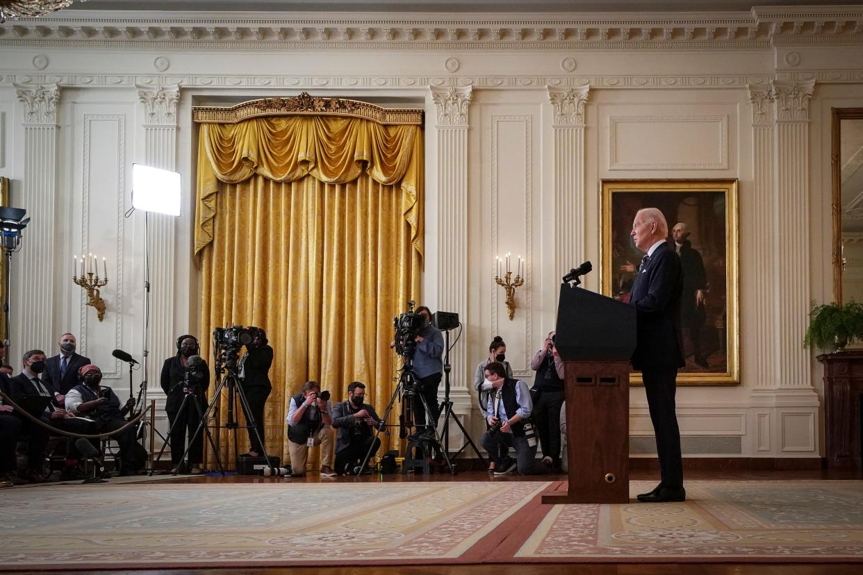 President Joe Biden addresses the White House press corps about Russia's invasion of Ukraine.