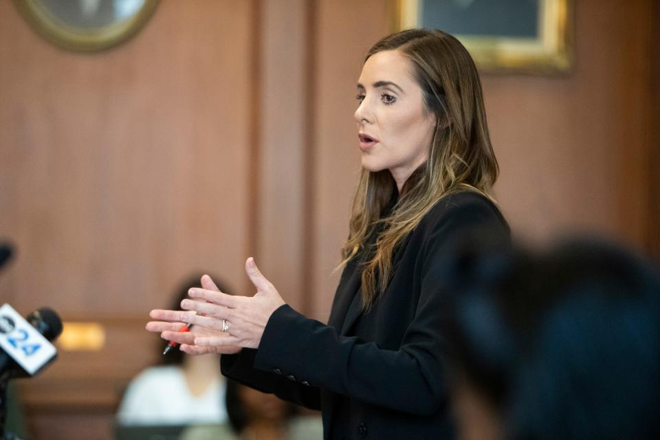 Hamilton County District Attorney Coty Wamp speaks during the first court appearance for Halbert’s ouster proceedings at Shelby County Circuit Court in Memphis, Tenn., on Friday, May 31, 2024.