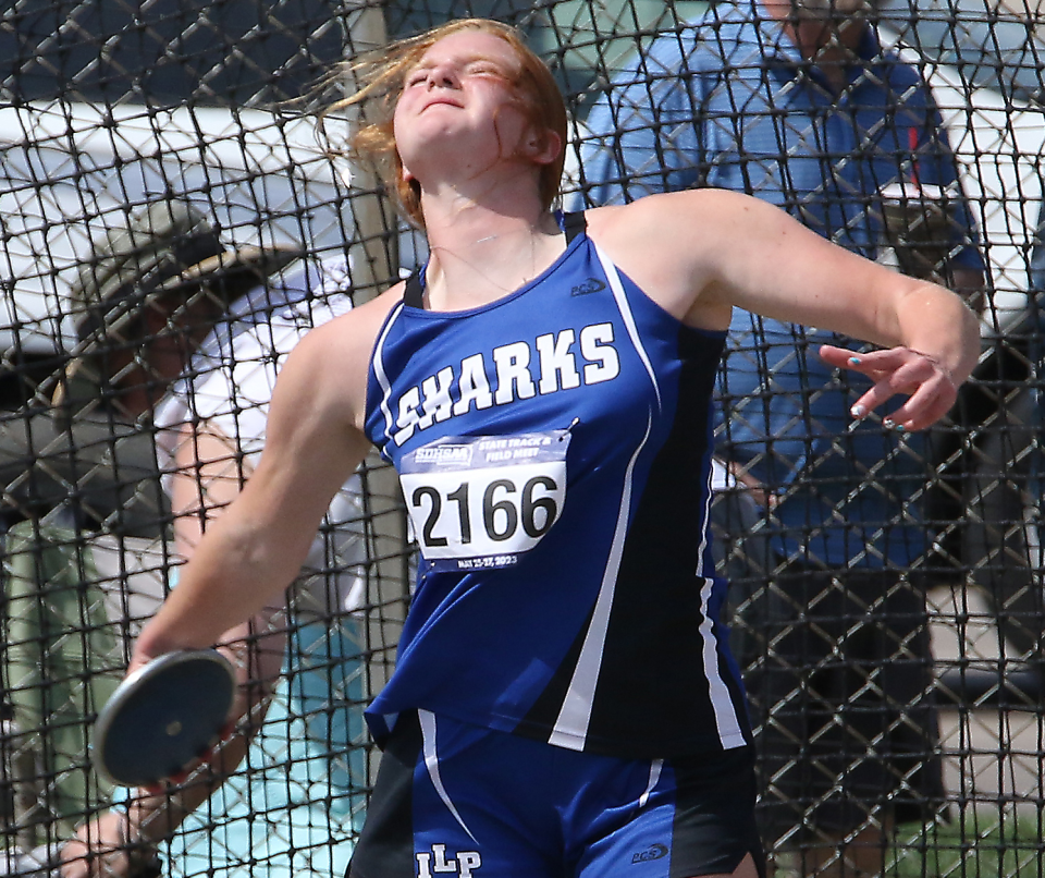 Hadlee Holt of Iroquois-Lake Preston placed in both the Class B girls' shot put and discus events during the 2024 South Dakota State Track and Field Championships at Howard Wood Field in Sioux Falls.