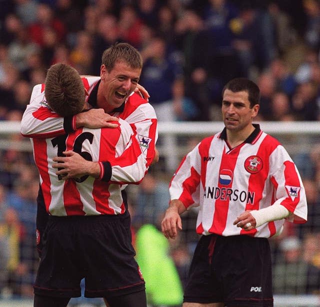 Southampton greats Francis Benali and Matthew Le Tissier celebrate a goal