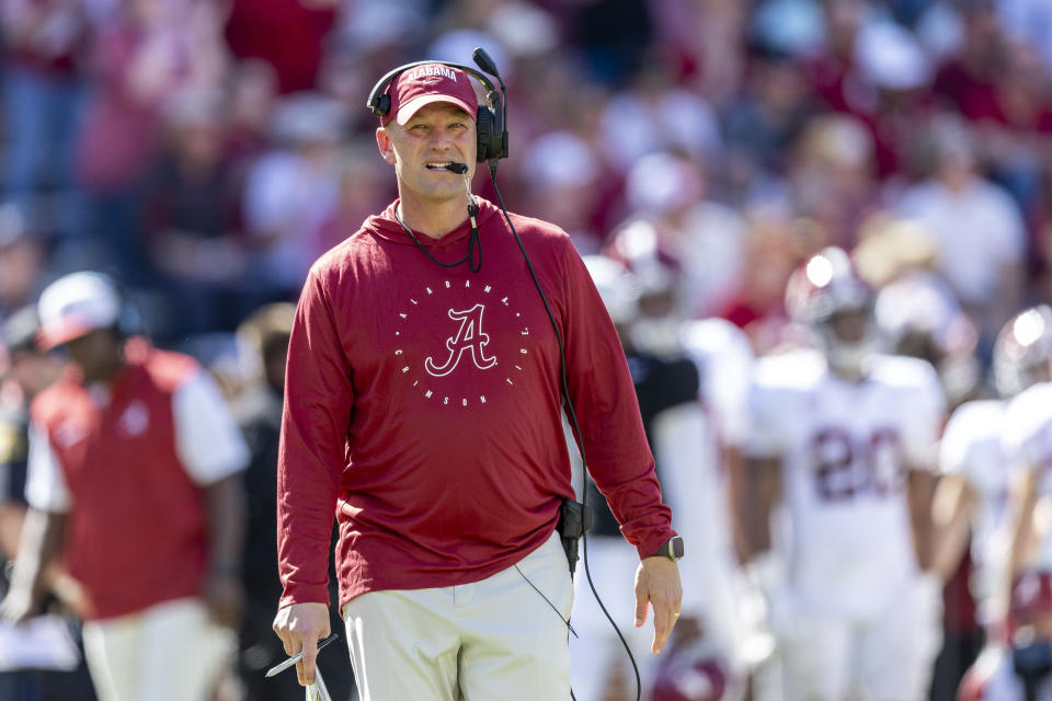 Alabama head coach Kalen DeBoer walks the field as he watches during the NCAA college football team's spring game, Saturday, April 13, 2024, in Tuscaloosa, Ala. (AP Photo/Vasha Hunt)