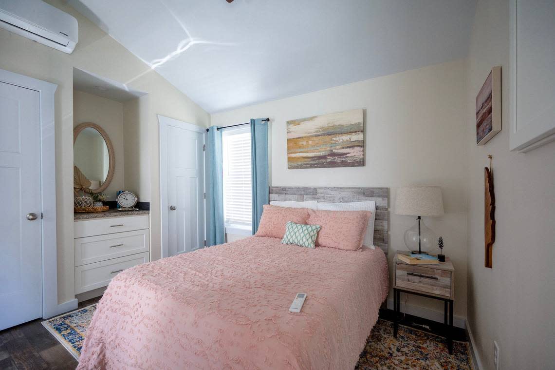 The bedroom in a tiny homes at Eden Village of Kansas City.