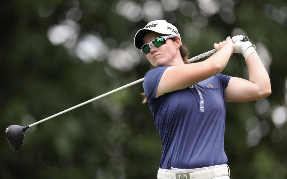 Leona Maguire of Ireland hits a tee shot on the sixth hole during the final round of the KPMG Women's PGA Championship at Baltusrol Golf Club on June 25, 2023 in Springfield, New Jerse