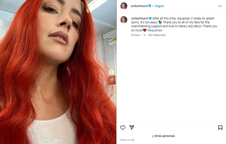 El mensaje de Amber Heard tras el estreno de Aquaman 2 (Foto: Instagram @amberheard)