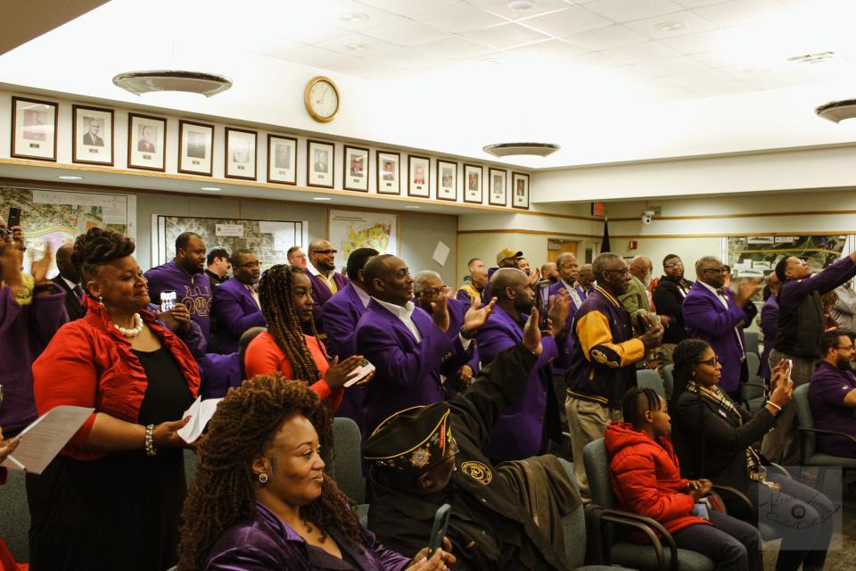 Members of Omega Psi Phi Fraternity Inc. turned out to support Chancer McLaughlin as he was sworn in as the town manager of Hope Mills on Monday, Feb. 5, 2024. McLaughlin, who has served as the interim town manager since Scott Meszaros resigned in February 2023, is the first Black town manager of Hope Mills.