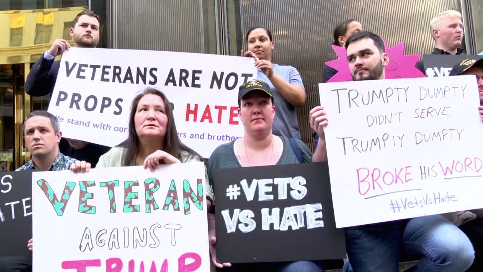 A group of veterans protesting in front of Trump Tower in Manhattan on May 23, 2016. (Photo: Grace Brailsford-Cato)