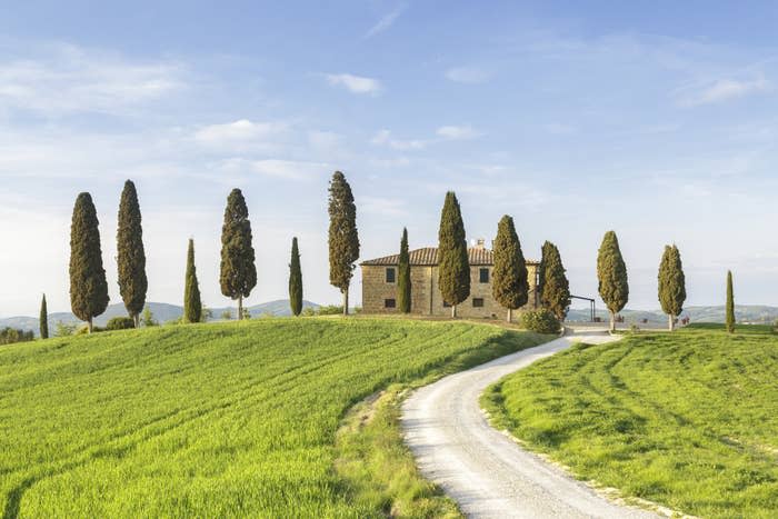 A farmhouse with a long driveway in Tuscany