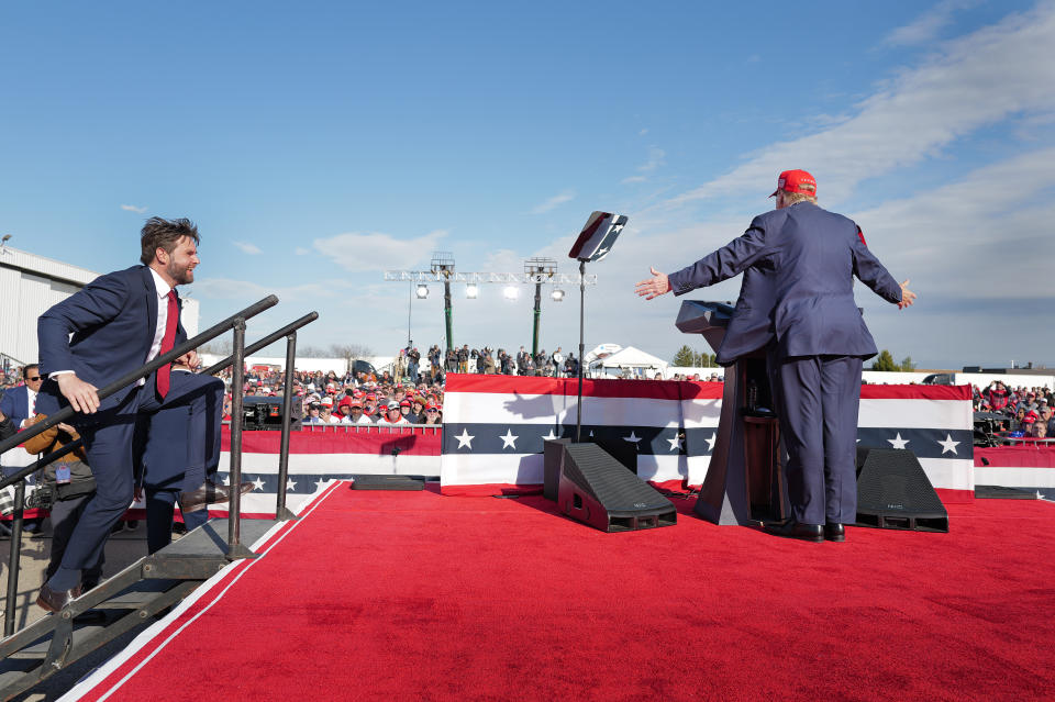 VANDALIA, OHIO - MARCH 16: U.S. Senator J.D. Vance (R-OH) steps on stage as he is introduced by Republican presidential candidate former President Donald Trump during a rally at the Dayton International Airport on March 16, 2024 in Vandalia, Ohio.  The rally was hosted by the Buckeye Values PAC. (Photo by Scott Olson/Getty Images)