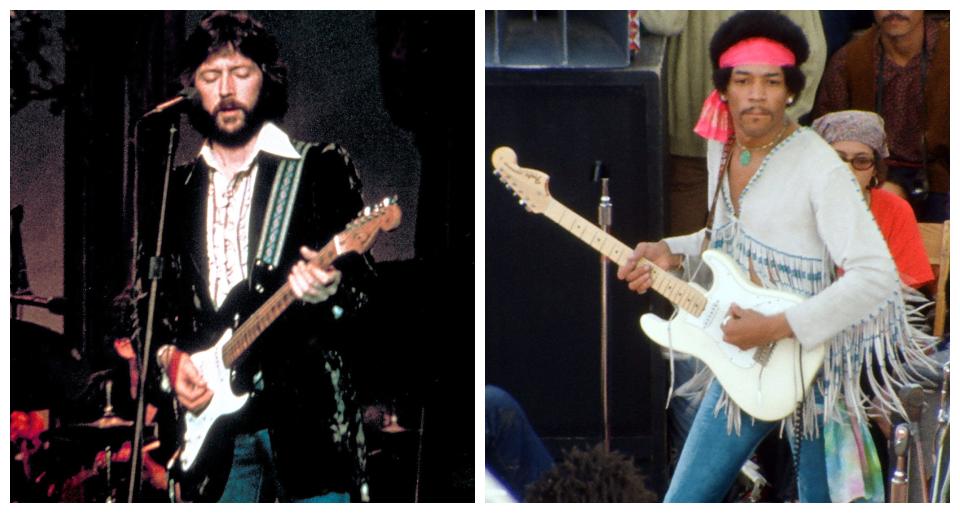 Eric Clapton, left, in a scene from "The Last Waltz;" and Jimi Hendrix, in a scene from "Woodstock: 3 Days of Peace and Music."