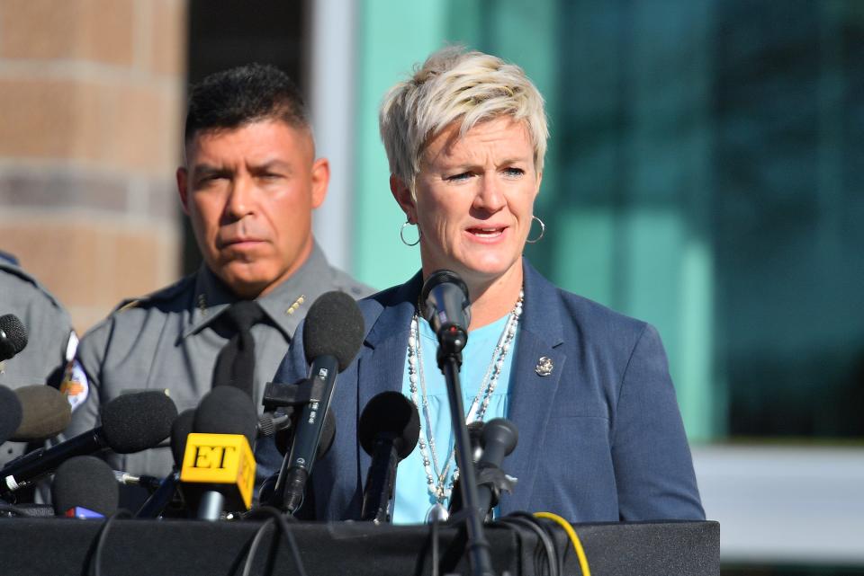 Santa Fe County Sheriff Adan Mendoza and District Attorney Mary Carmack-Altwies at a press conference to update the media on the shooting accident on the set of the movie "Rust," Oct. 27, 2021 in Santa Fe, New Mexico.