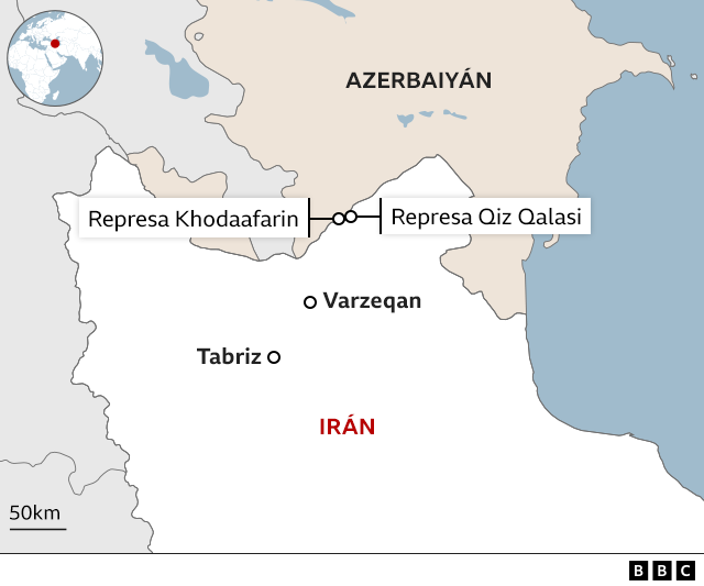 Mapa de Irán y las represas Khodaafarin y Qiz Qalasi