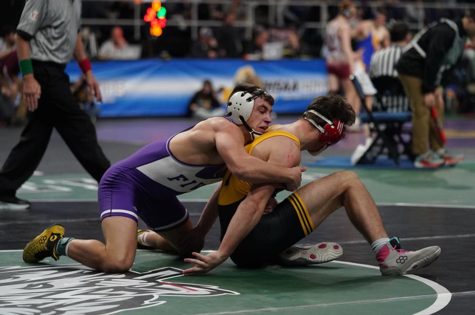 Attica Batavia's Casper Stewart wrestles in the second round matches of the NYSPHSAA Wrestling Championships at MVP Arena in Albany, on Friday, February 24, 2023.