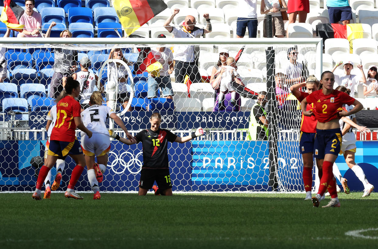 LYON, FRANCE - AUGUST 09: Ann-Katrin Berger #12 of Team Germany celebrates after saving a penalty from Alexia Putellas #11 of Team Spain during the Women's Bronze Medal match between Spain and Germany during the Olympic Games Paris 2024 at Stade de Lyon on August 09, 2024 in Lyon, France. (Photo by Claudio Villa/Getty Images)