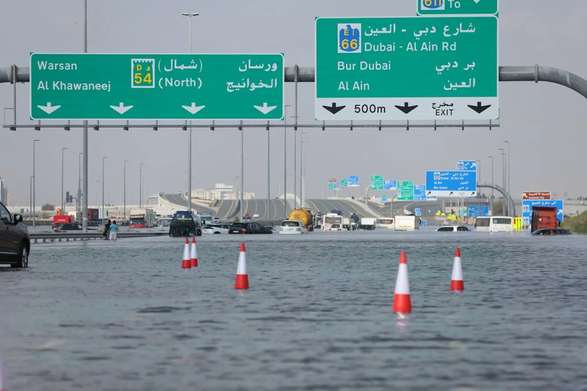 A flooded road after heavy rainfall in Dubai, United Arab Emirates, 17 April 2024 (EPA)