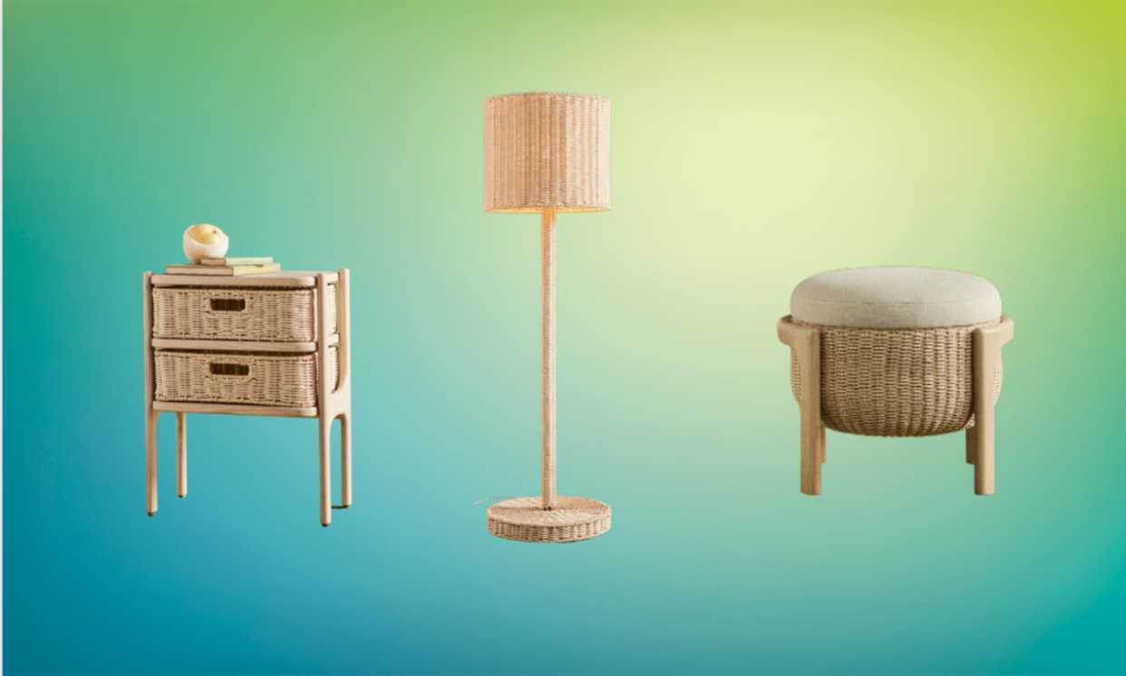  A green and blue gradient background with a wicker chest of drawers, a wicker lamp, and an ottoman 