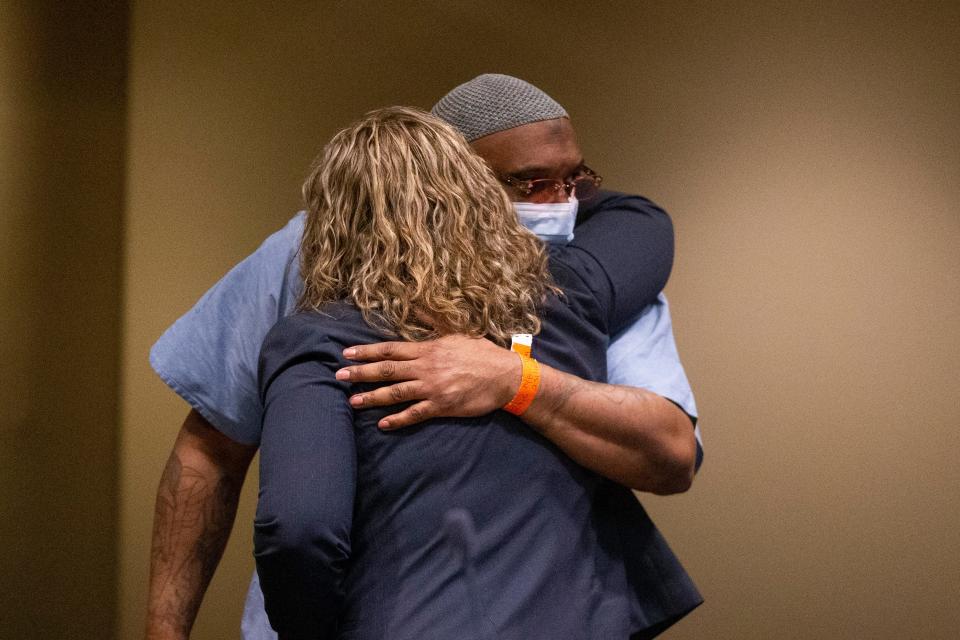 Artis Whitehead, who has been in jail since 2003 on charges related to the robbery of B.B. King’s in 2002, hugs Jessica Van Dyke, the lead counsel and executive director of the Tennessee Innocence Project, as he walks into the courtroom at Shelby County Criminal Court on Wednesday, September 6, 2023. The Innocence Project attorneys are arguing that Whitehead was wrongfully convicted of the crime.