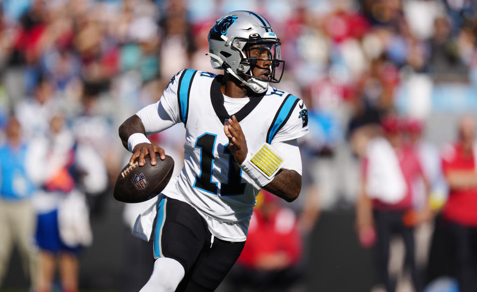 Carolina Panthers quarterback PJ Walker (11) looks to pass the ball during the second half of an NFL football game against the Tampa Bay Buccaneers Sunday, Oct. 23, 2022, in Charlotte, N.C. (AP Photo/Jacob Kupferman)