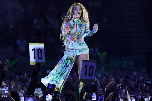 <p>Kevin Mazur/WireImage for Parkwood</p> Beyoncé performs in London in May 2023